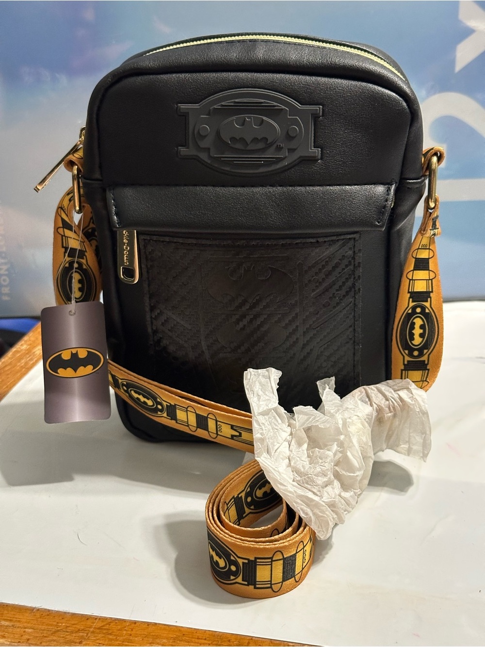 Buckle-Down Black Crossbody Bag with Yellow Batman Strap